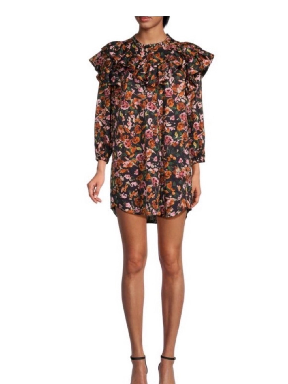 Something Navy Black Floral Button-Front Top with Pink & Orange Blooms